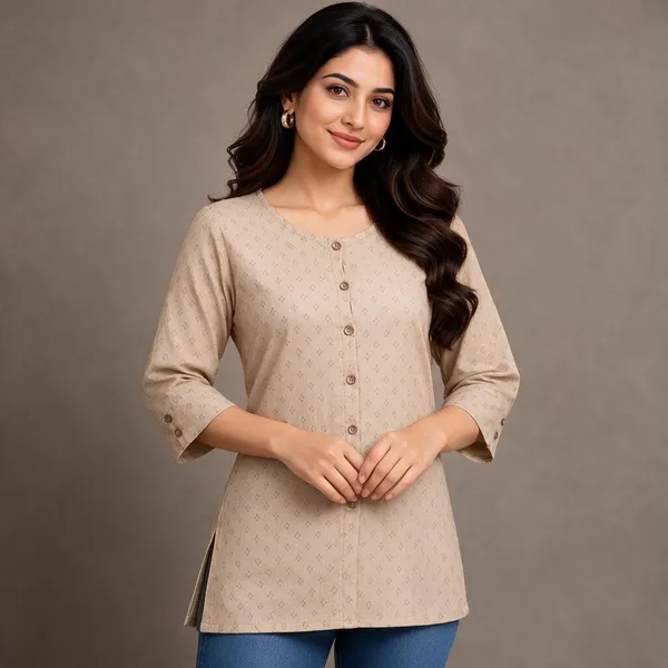 Beige_Cotton_Straight_Geometric_Print_Short_Kurti_For_Women