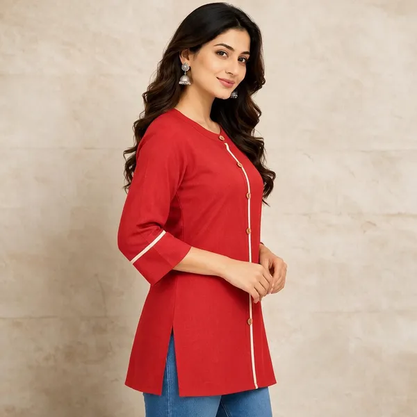 Red_Cotton_Straight_Solid_Short_Kurti_For_Women