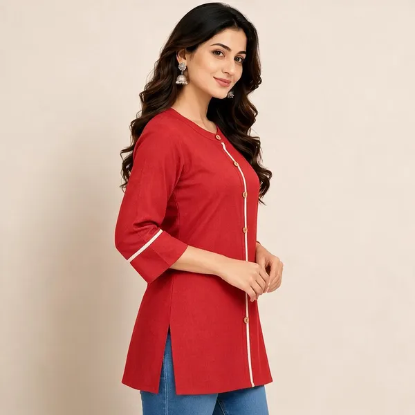 Red_Cotton_Straight_Solid_Short_Kurti_For_Women