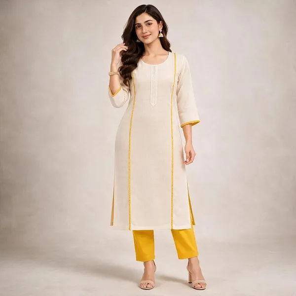 Cream_Yellow_Synthetic_Straight_Kurta_Set_For_Women