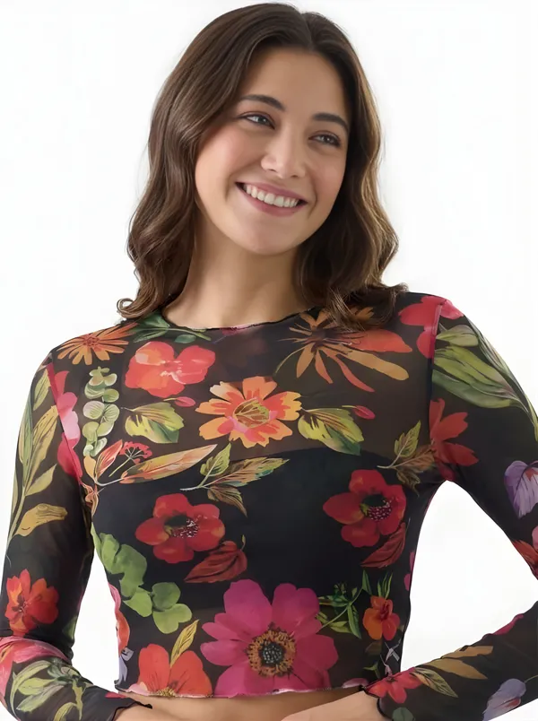 Black_Mesh_Floral_Fitted_Crop_Top_for_Women