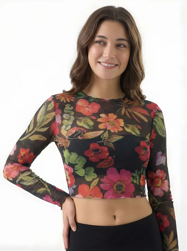 Black_Mesh_Floral_Fitted_Crop_Top_for_Women