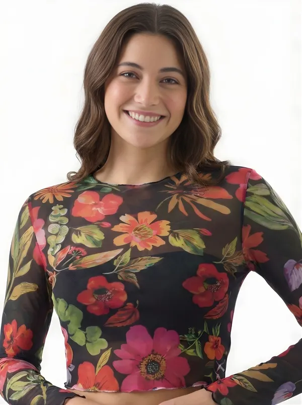 Black_Mesh_Floral_Fitted_Crop_Top_for_Women