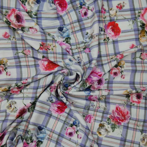 White_Floral_Check_Print_Spun_Fabric_Default_Title