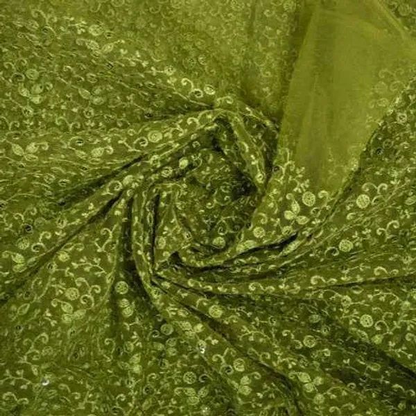 Olive_Green_Color_Thread_Embroidery_On_Net_Fabric_Default_Title