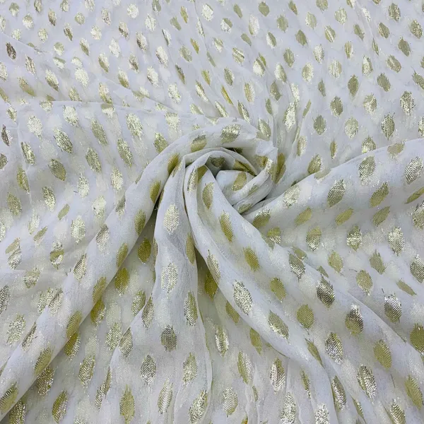 White_With_Golden_Lurex_Floral_Print_Georgette_Jacquard_Dyeable_Fabric_Default_Title