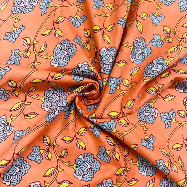 Salmon_Pink_Blue_Floral_Print_Cotton_Fabric_Default_Title