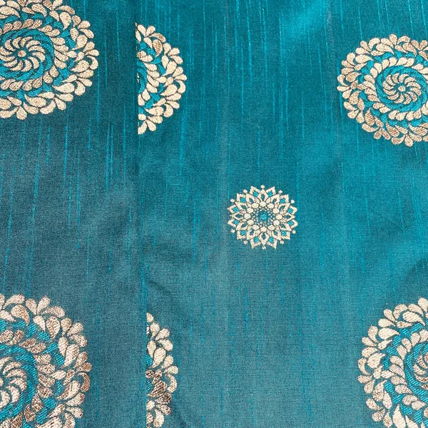 Teal_Blue_Floral_With_Gold_Foil_Dupion_Silk_Fabric_Default_Title