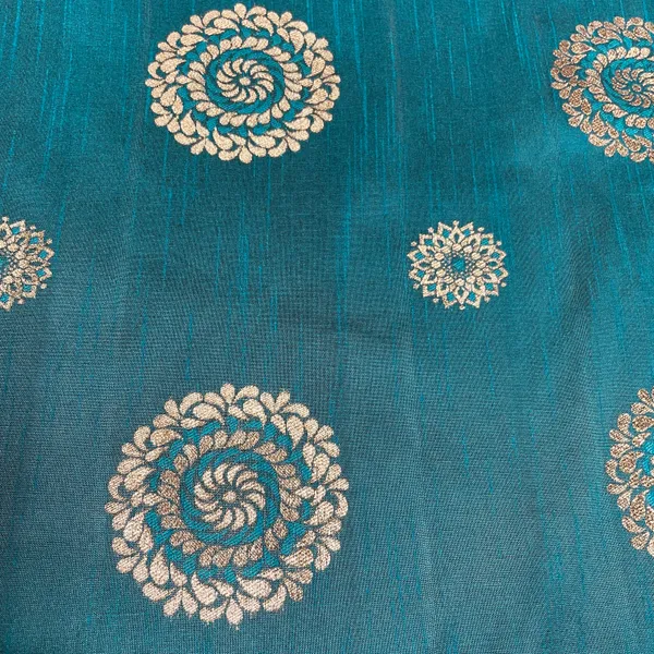 Teal_Blue_Floral_With_Gold_Foil_Dupion_Silk_Fabric_Default_Title