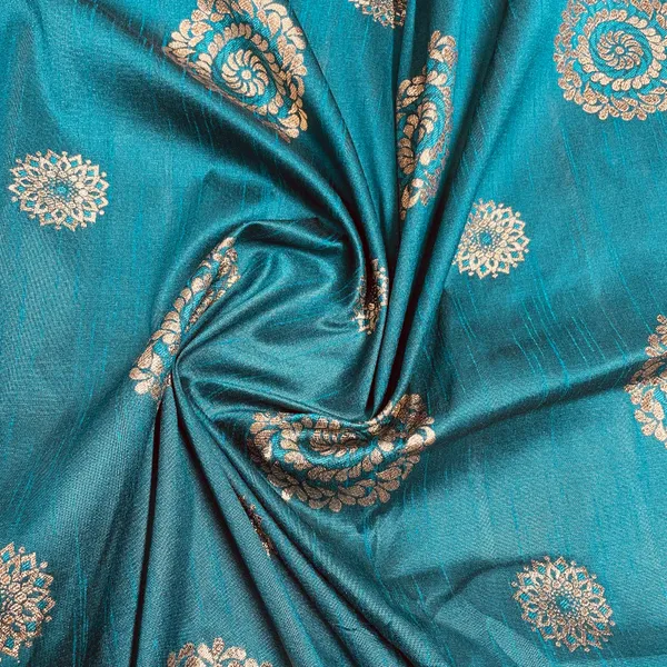 Teal_Blue_Floral_With_Gold_Foil_Dupion_Silk_Fabric_Default_Title