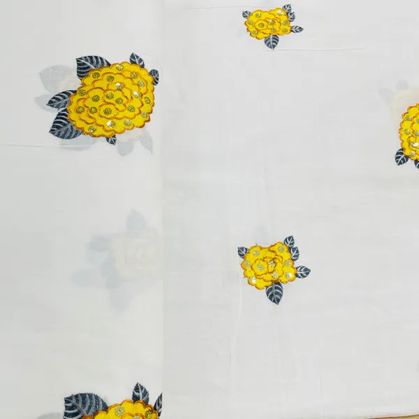 White_Yellow_Floral_Sequins_Embroidery_Cotton_Fabric_Default_Title