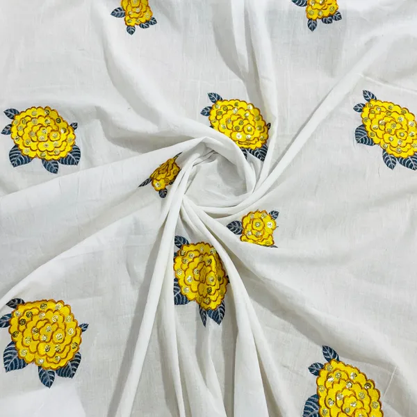 White_Yellow_Floral_Sequins_Embroidery_Cotton_Fabric_Default_Title