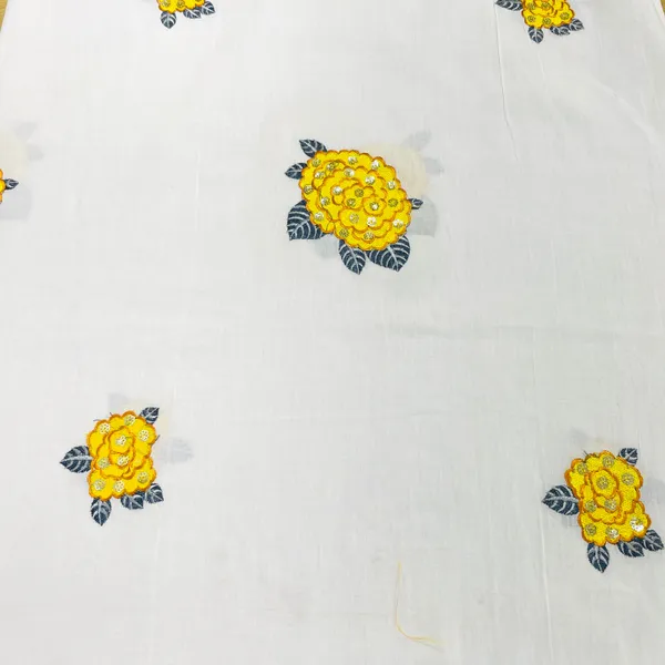White_Yellow_Floral_Sequins_Embroidery_Cotton_Fabric_Default_Title
