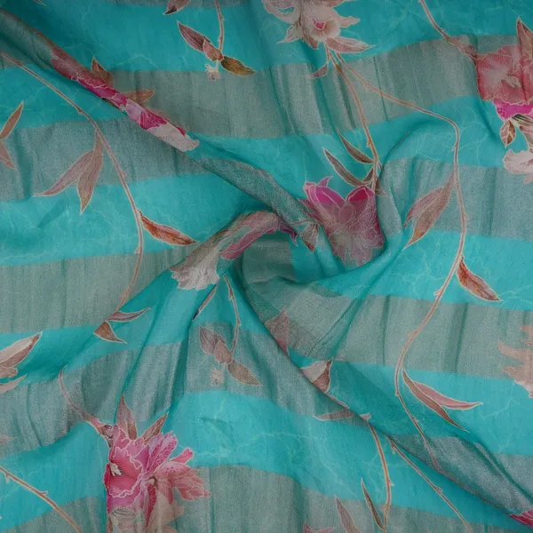 Teal_Blue_With_Golden_Stripes_Floral_Print_Organza_Tissue_Fabric_Vf_30633_Default_Title