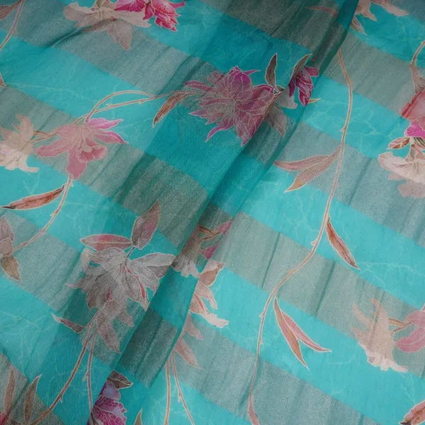 Teal_Blue_With_Golden_Stripes_Floral_Print_Organza_Tissue_Fabric_Vf_30633_Default_Title