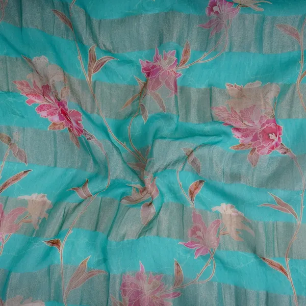 Teal_Blue_With_Golden_Stripes_Floral_Print_Organza_Tissue_Fabric_Vf_30633_Default_Title