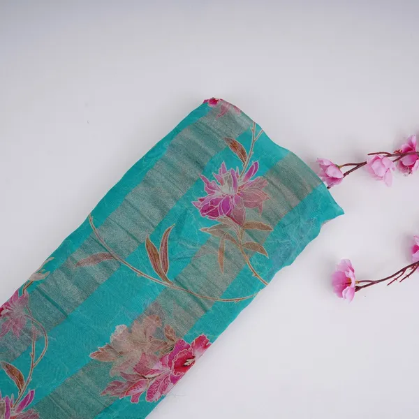 Teal_Blue_With_Golden_Stripes_Floral_Print_Organza_Tissue_Fabric_Vf_30633_Default_Title