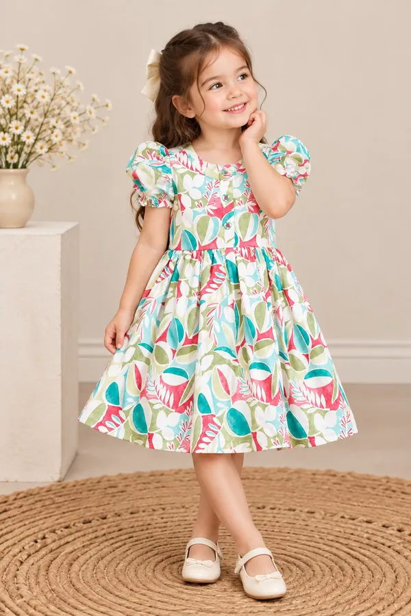 Multicolor_Printed_Puff_Sleeve_Dress_for_Girls