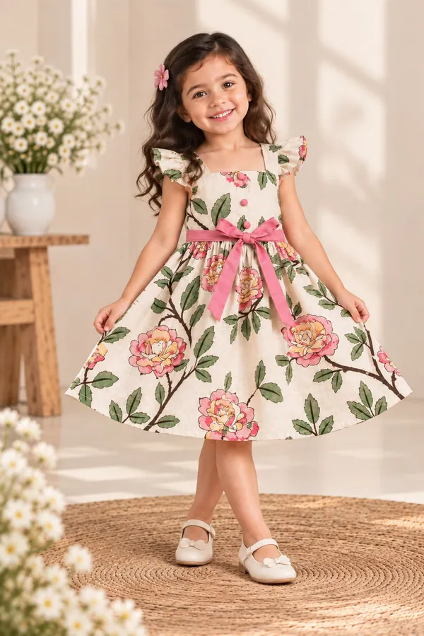 White_Floral_Print_Fit_And_Flare_Dress_For_Girls