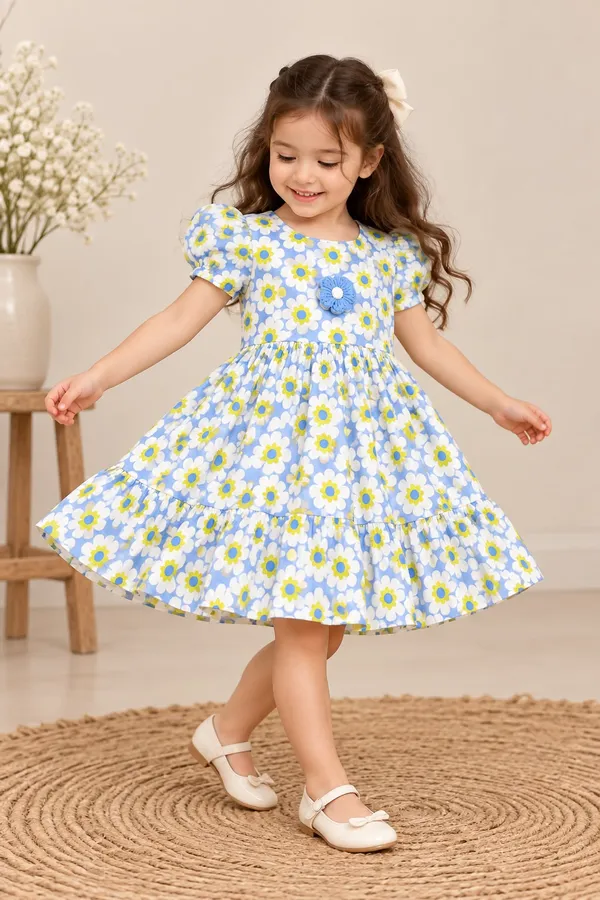 Blue_Floral_Print_Puff_Sleeve_Dress_for_Girls