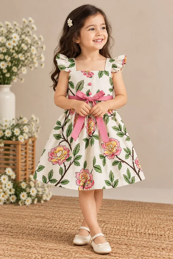 White_Floral_Print_Fit_And_Flare_Dress_For_Girls