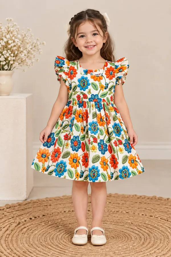 White_Floral_Print_Fit_And_Flare_Dress_For_Girls