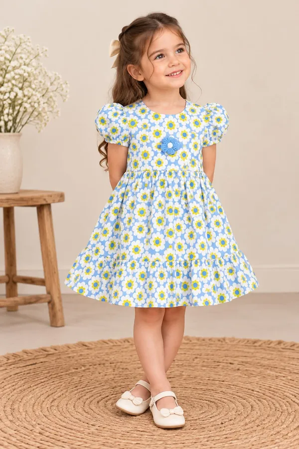 Blue_Floral_Print_Puff_Sleeve_Dress_for_Girls