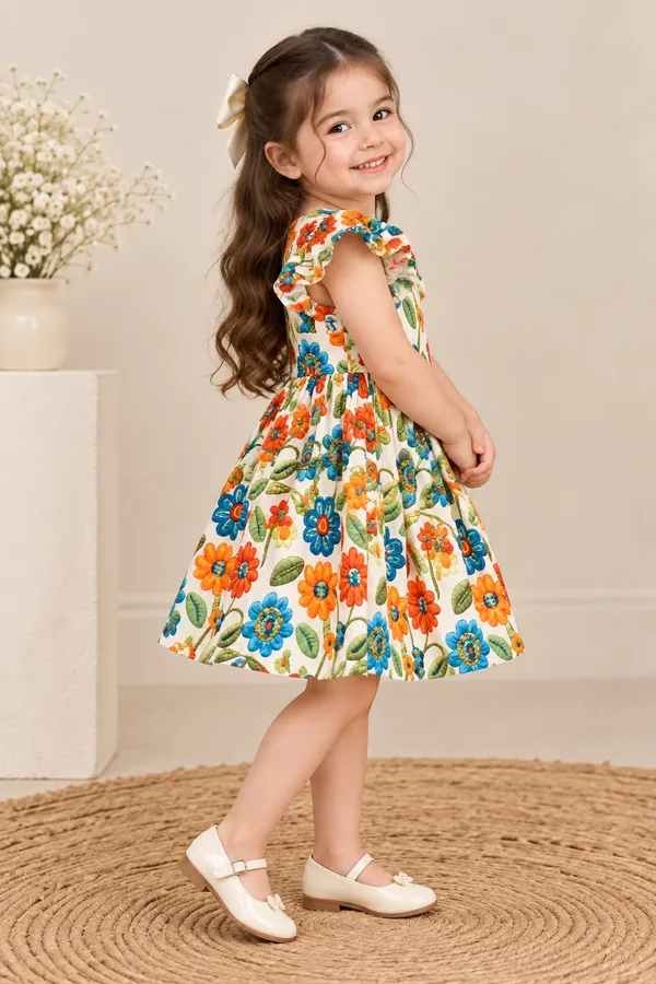 White_Floral_Print_Fit_And_Flare_Dress_For_Girls