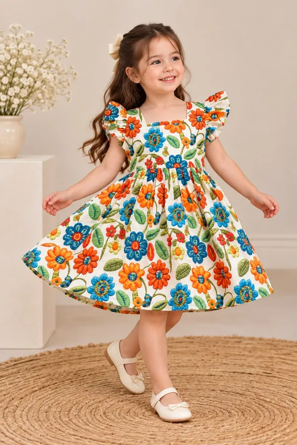 White_Floral_Print_Fit_And_Flare_Dress_For_Girls