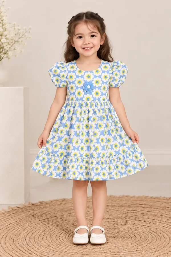 Blue_Floral_Print_Puff_Sleeve_Dress_for_Girls