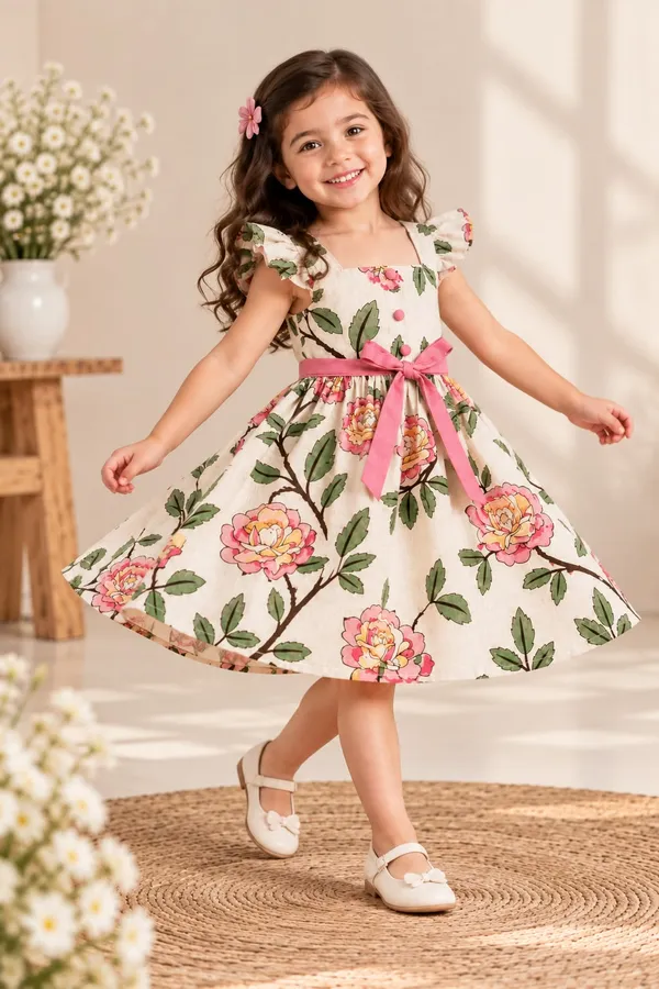 White_Floral_Print_Fit_And_Flare_Dress_For_Girls