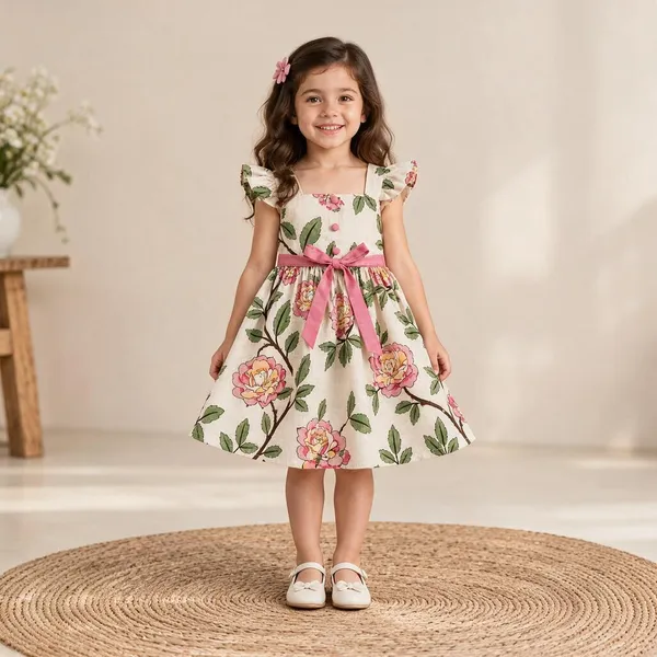 White_And_Green_Floral_Print_Fit_And_Flare_Dress_For_Girls