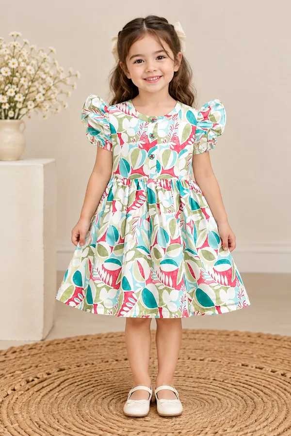 Multicolor_Printed_Puff_Sleeve_Dress_for_Girls