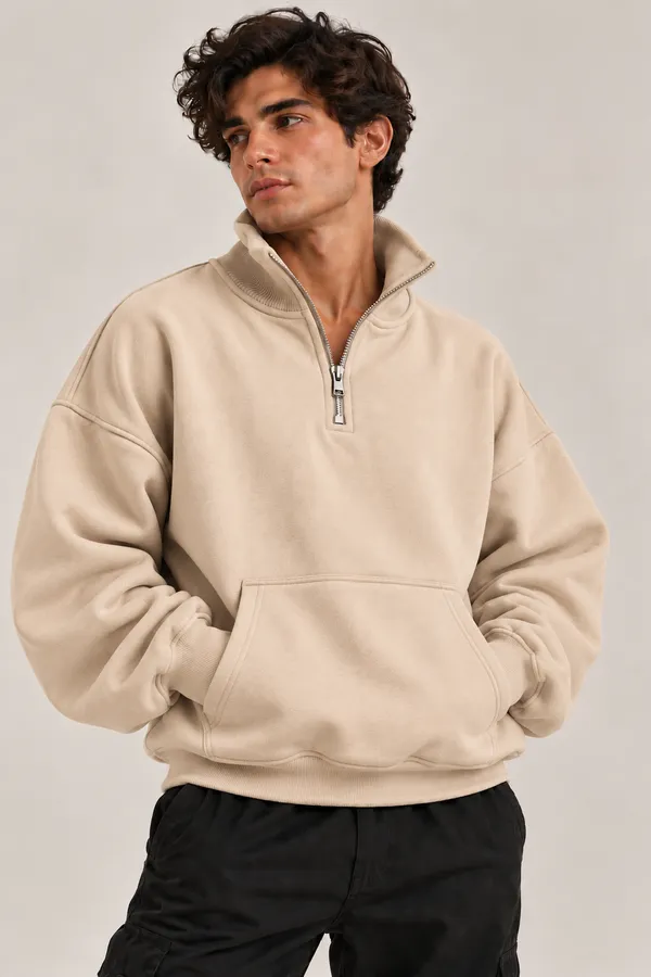 Beige_Casual_Fit_Half_Zip_Sweatshirt_for_Men