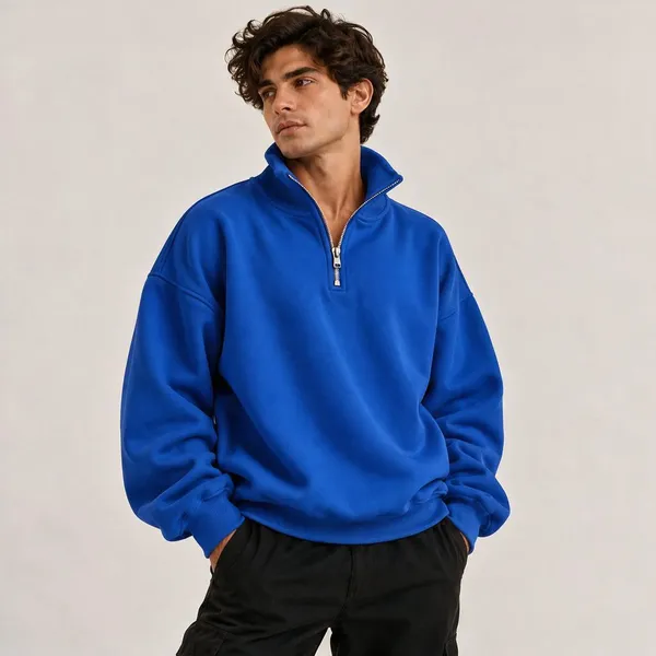 Blue_Knit_Quarter_Zip_Relaxed_Fit_Sweatshirt_For_Men_And_Women