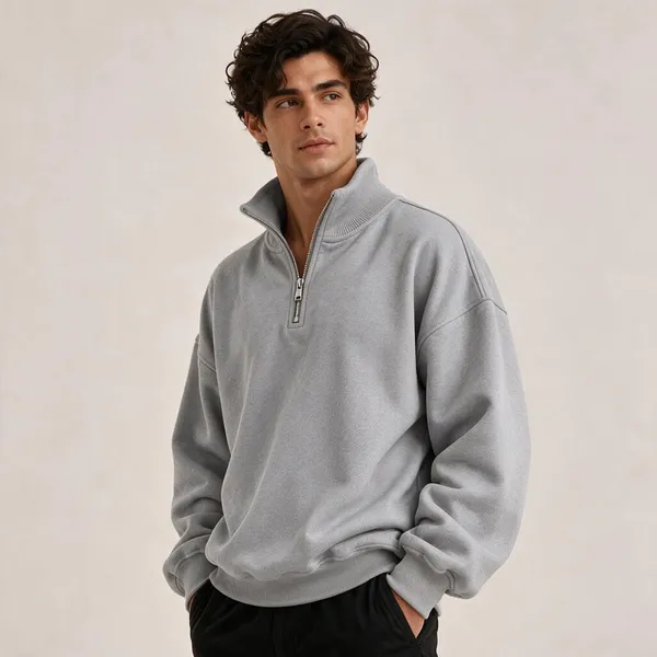 Grey_Relaxed_Fit_Quarter_Zip_Sweatshirt_For_Unisex
