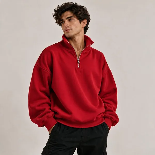 Red_Oversized_Half_Zip_Sweatshirt_For_Men_And_Women