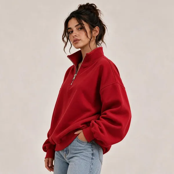 Red_Oversized_Half_Zip_Sweatshirt_For_Men_And_Women