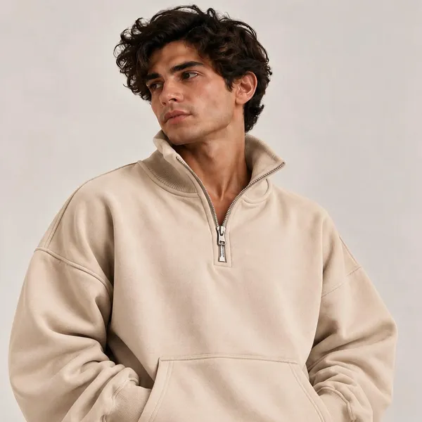 Beige_Casual_Fit_Half_Zip_Sweatshirt_For_Men