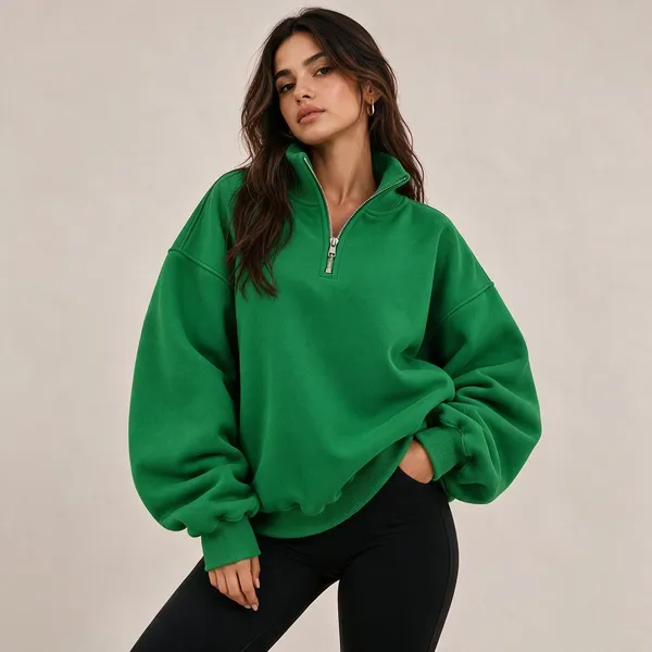Green_Oversized_Half_Zip_Sweatshirt_For_Women