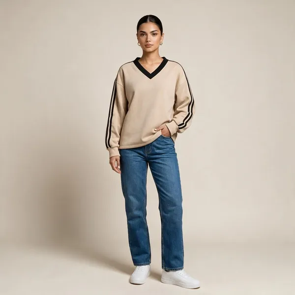 Beige_V_Neck_Full_Sleeve_Sweatshirt_For_Women