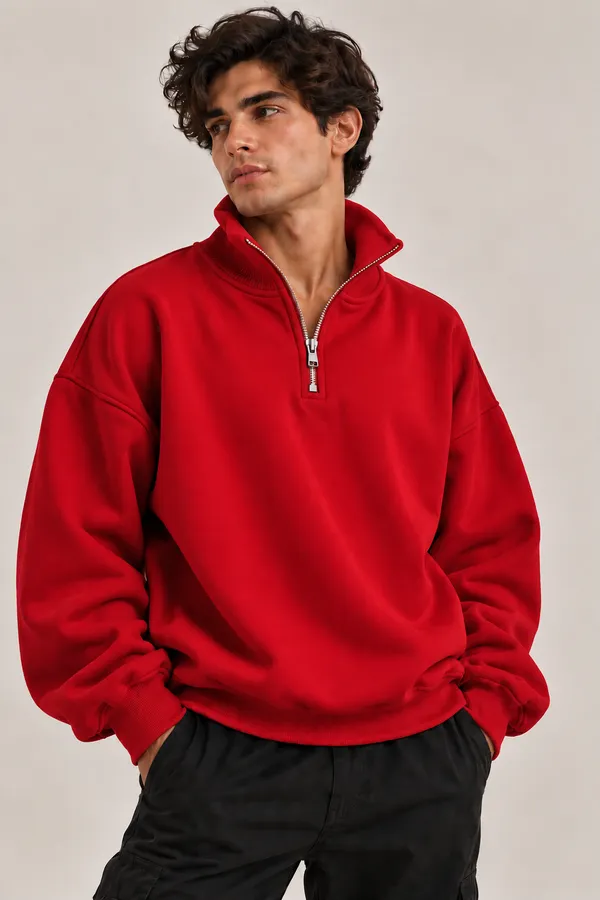 Red_Oversized_Half-Zip_Sweatshirt_For_Men_And_Women