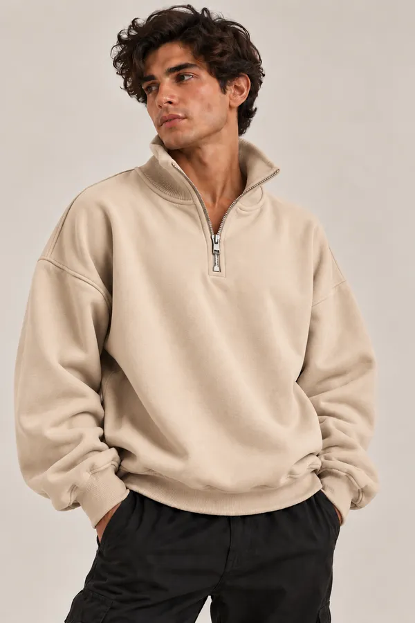 Beige_Casual_Fit_Half_Zip_Sweatshirt_for_Men