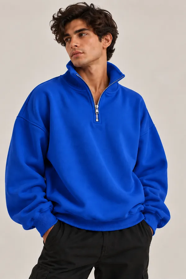 Blue_Knit_Quarter_Zip_Relaxed_Fit_Sweatshirt_for_Men_And_Women