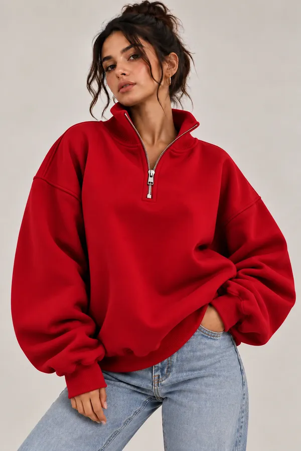 Red_Oversized_Half-Zip_Sweatshirt_For_Men_And_Women