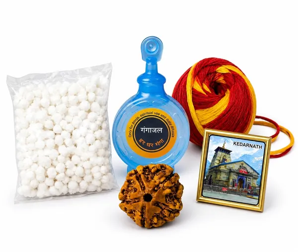 A_S_Ventures_All_In_One_Puja_Kedarnath_Parsad_Kit_For_Home_Temple_Gangajal_Bottle_5_Mukhi_Rudraksha_Raksha_Dhaga_Elaichi_Dana_Sweet_Makhana_Kedarnath_Temple_Magnet_For_Blessings