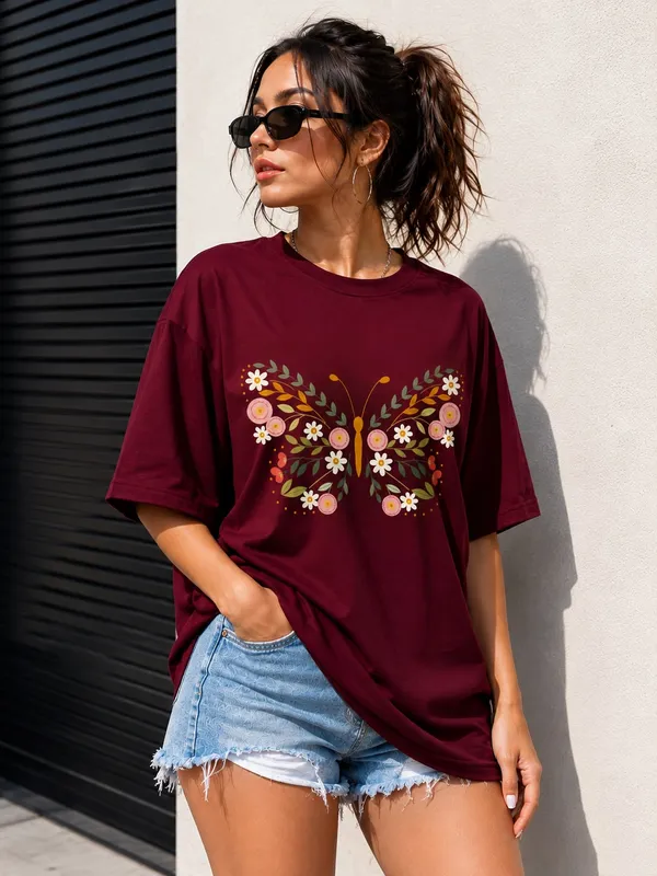 Maroon_Cotton_Oversized_Butterfly_Floral_Graphic_T-Shirt_For_Women