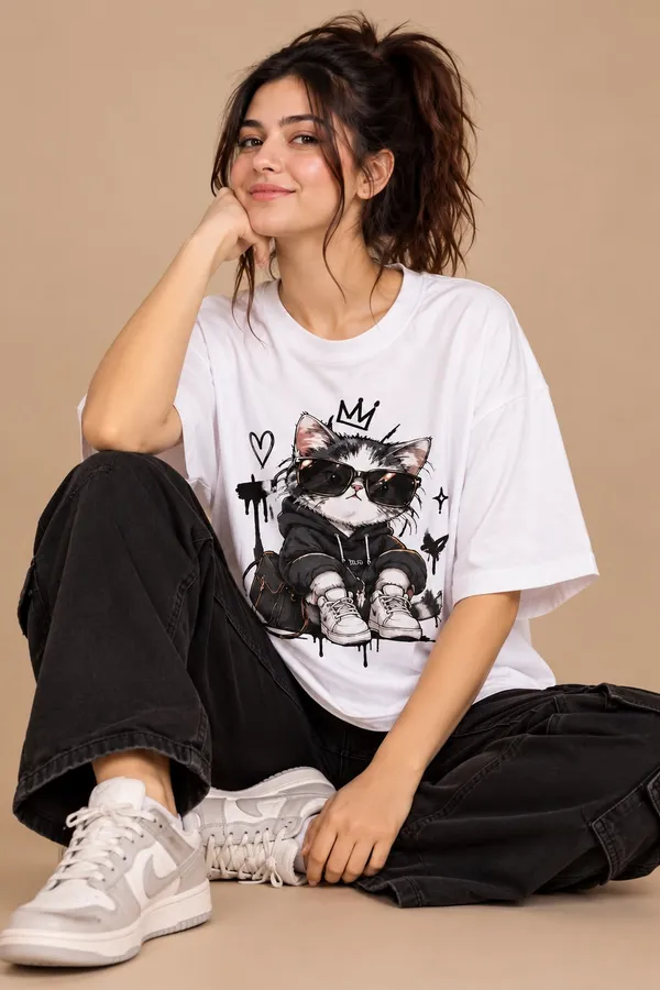 White_Cotton_Oversized_Crowned_Cat_Graphic_T-Shirt_For_Women