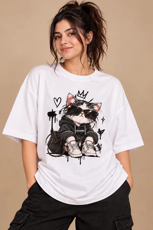 White_Cotton_Oversized_Crowned_Cat_Graphic_T-Shirt_For_Women