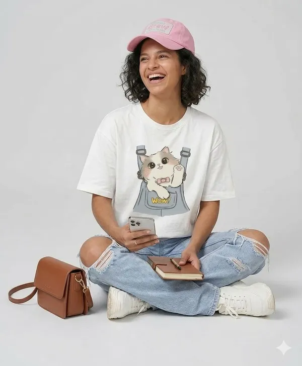 White_Cotton_Relaxed_Fit_Cat_Graphic_T-Shirt_For_Women